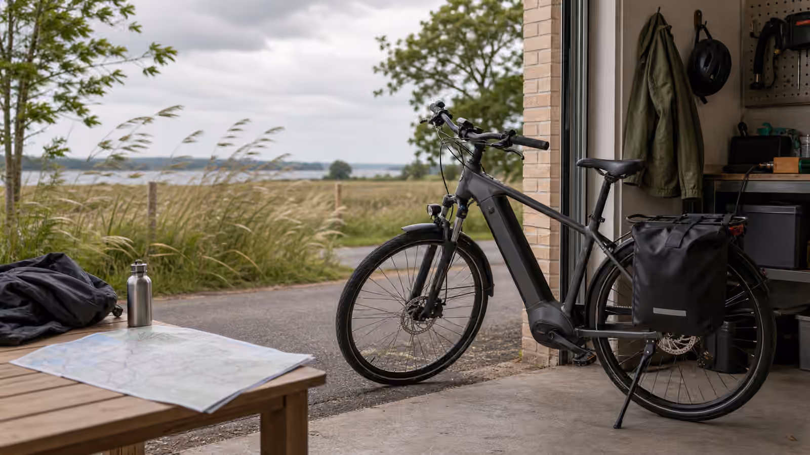 An electric commuter bike near an open garage door with pannier, jacket, helmet, and a blank route map as grasses move outside.