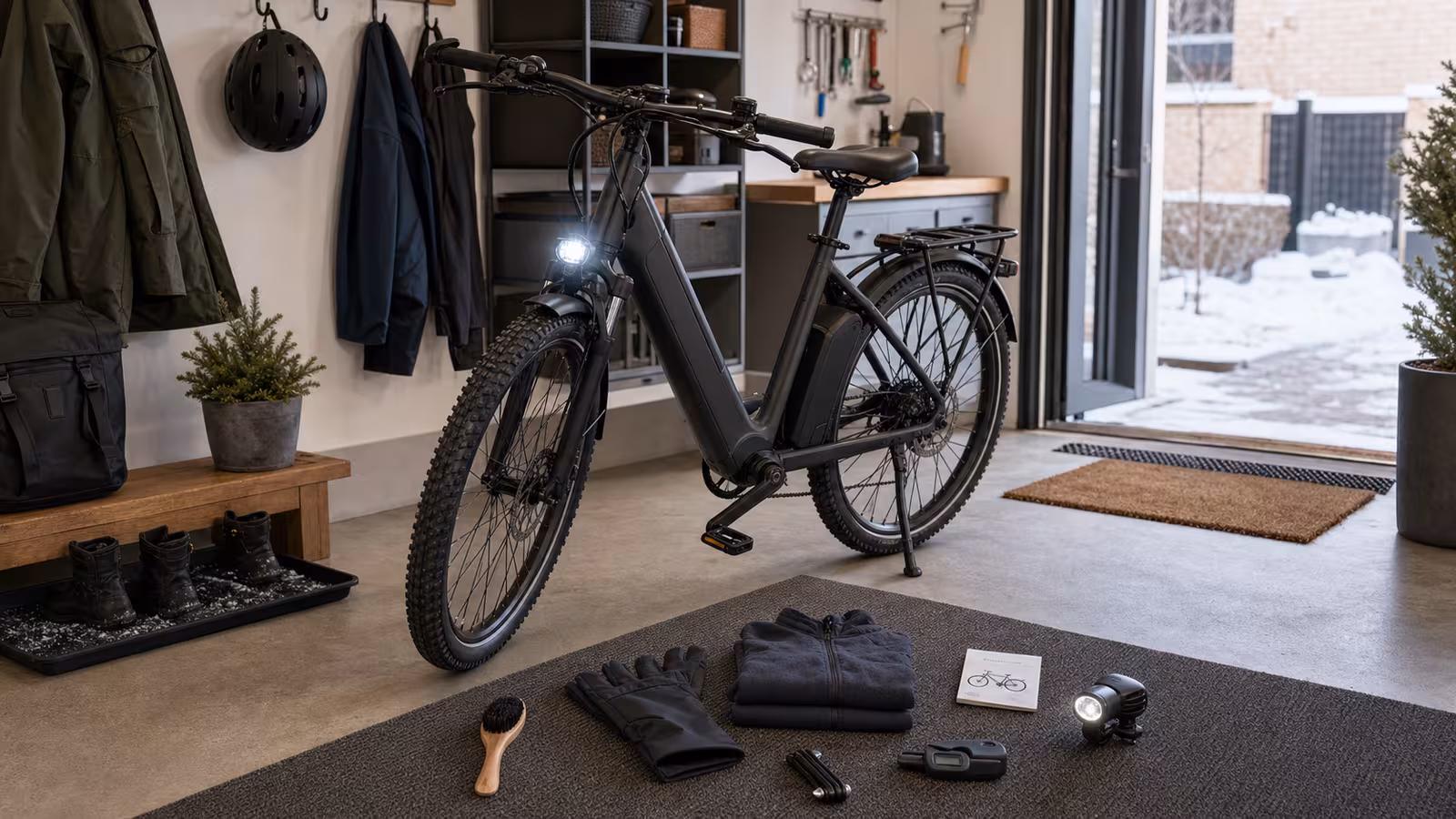 A winter e-bike setup in a garage entry with treaded tires, gloves, thermal layer, tire gauge, headlight, dry mat, and a blank battery note.