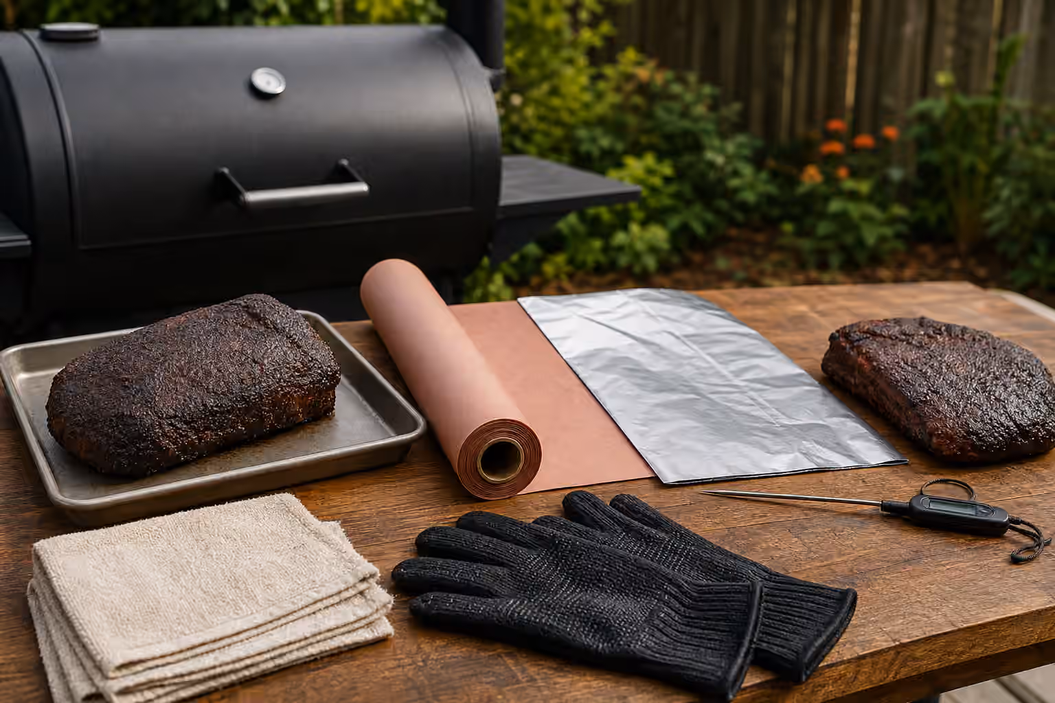 A smoked roast beside plain butcher paper, aluminum foil, heat gloves, towels, a probe thermometer, and an unbranded backyard smoker.