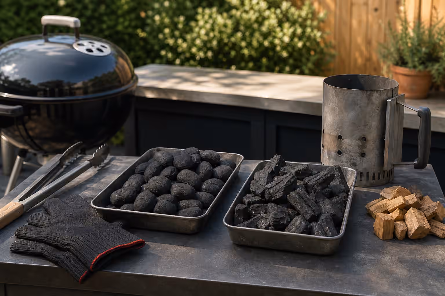 Two metal trays of charcoal briquettes and lump charcoal beside a chimney starter, wood chunks, tongs, gloves, and a kettle grill.