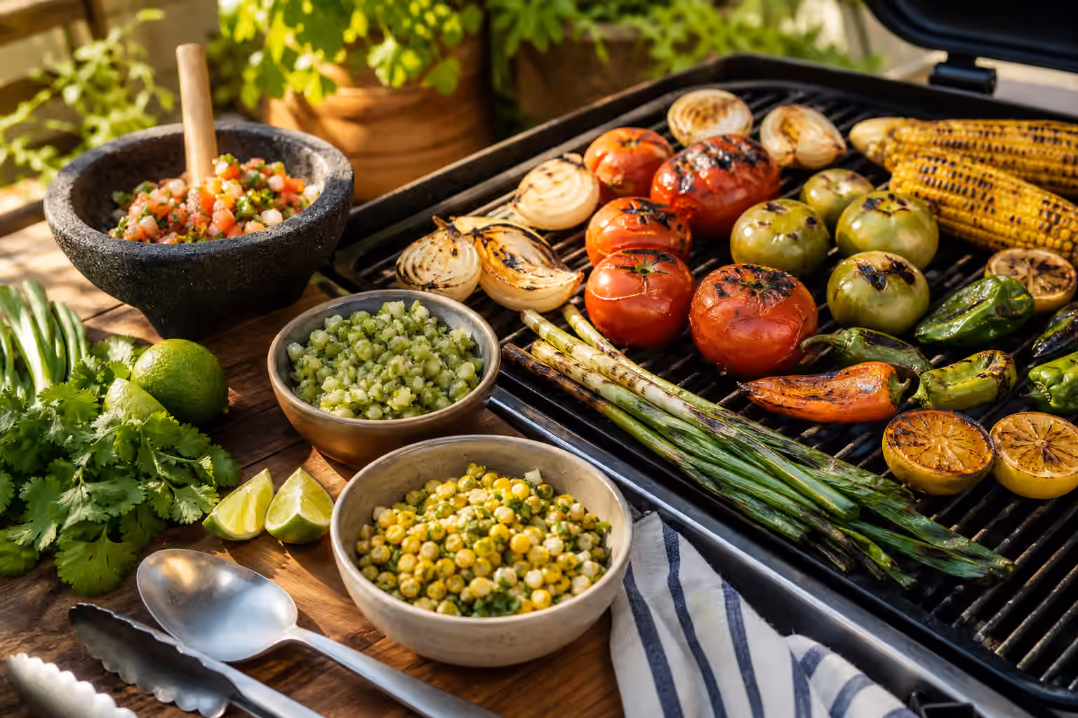 Charred tomatoes, tomatillos, peppers, onions, scallions, corn, citrus, herbs, and small bowls of salsa beside a grill.