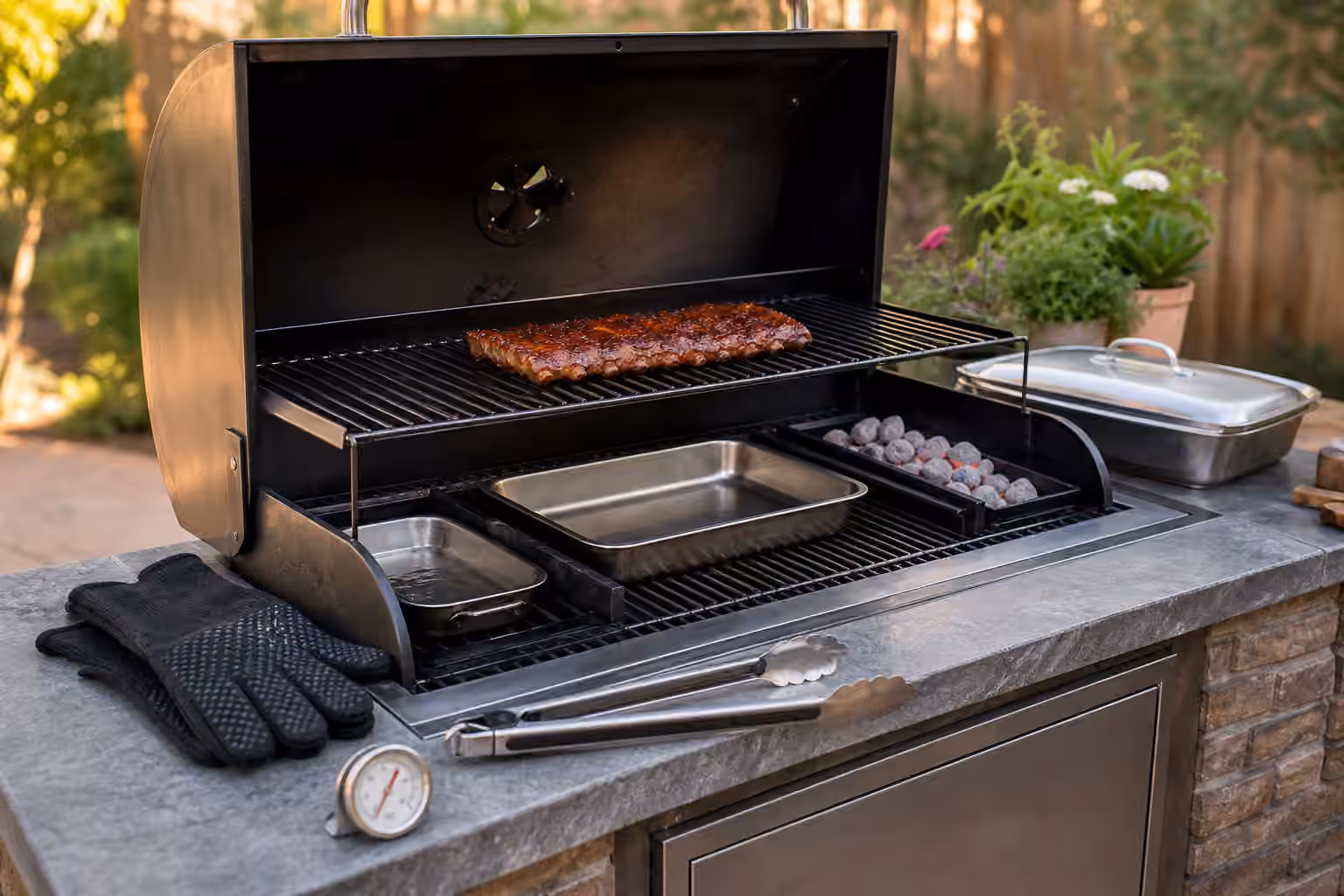 An indirect grill setup with a metal drip pan, water pan, side heat, gloves, tongs, and thermometer on a clean outdoor counter.