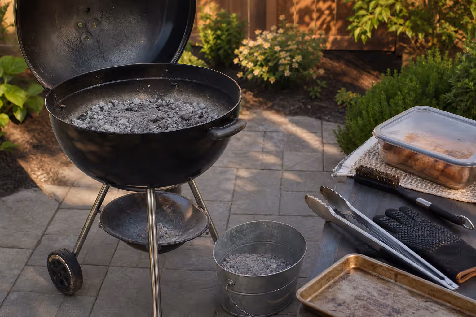 A cooled kettle grill with gray ash, a metal ash bucket, tongs, gloves, a grate brush, and a covered food container on a backyard patio.