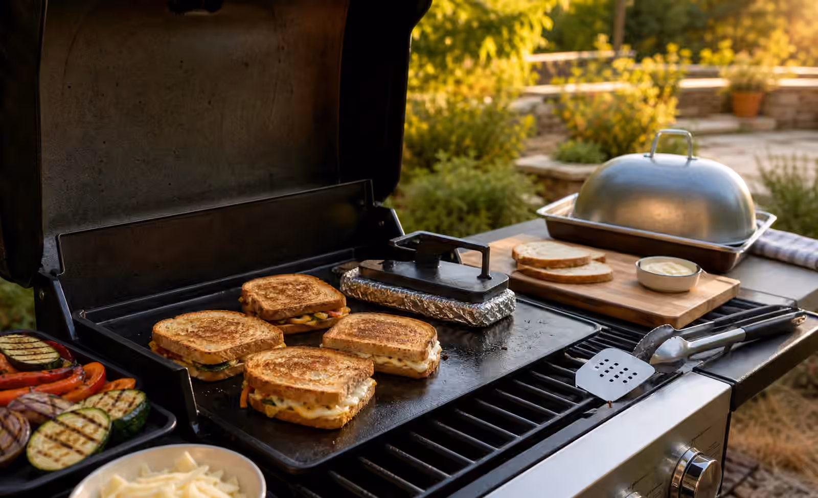 Pressed sandwiches and melts browning on a griddle set over a grill with vegetables, spatula, tongs, and clean serving board.