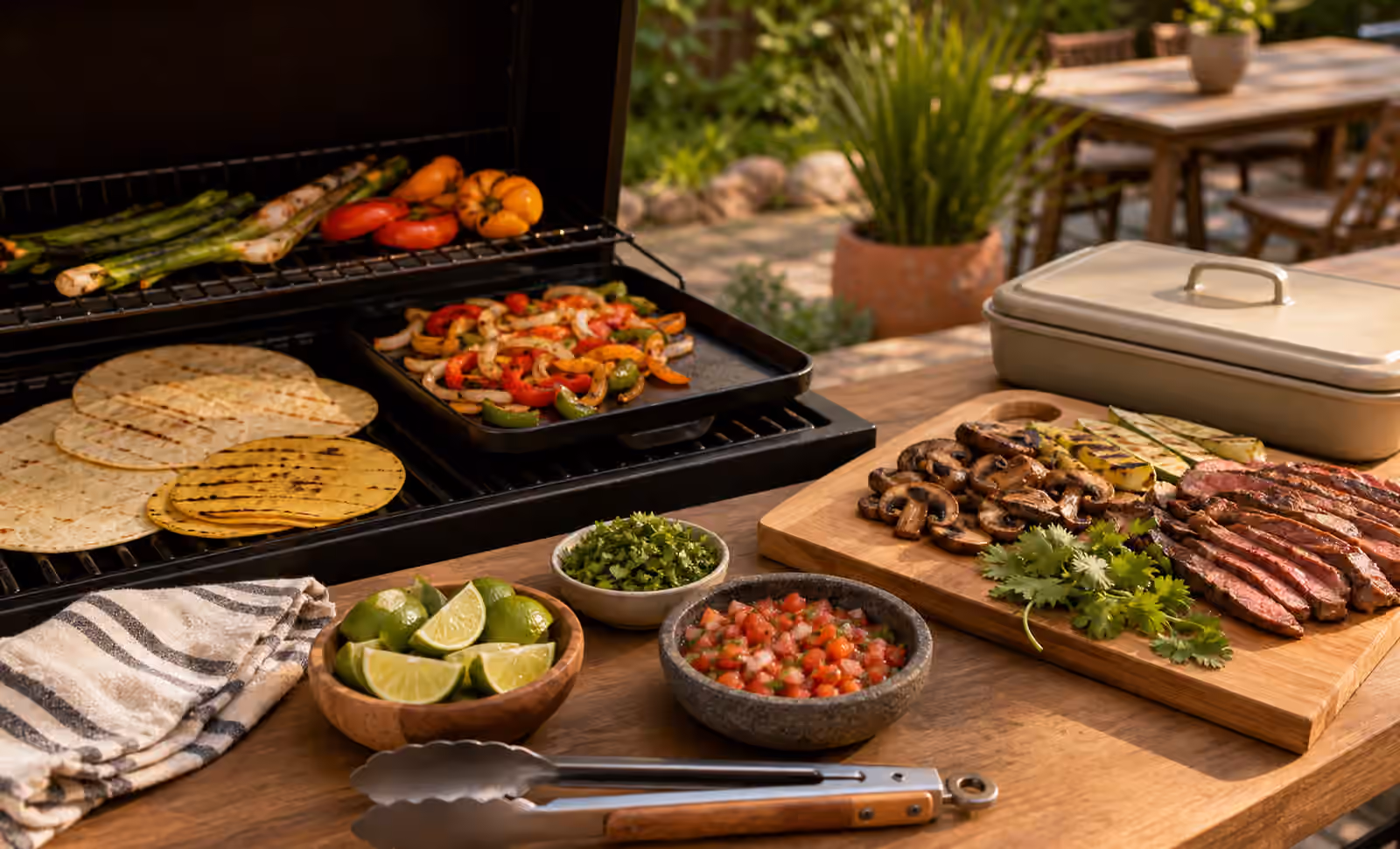 Tortillas warming on a grill beside peppers, onions, grilled fillings, lime, herbs, salsa, tongs, and a clean serving board.