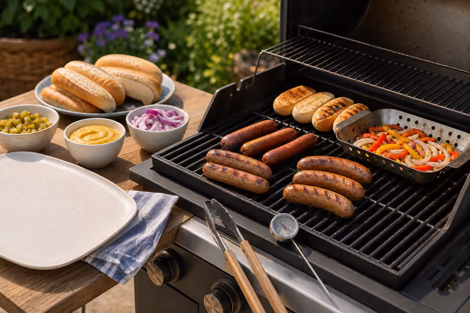 Hot dogs and bratwurst grilling beside toasted buns, peppers, onions, tongs, thermometer, and clean serving tray.