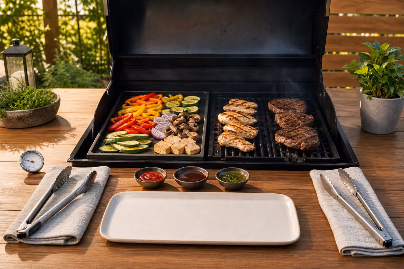 A two-zone grill with vegetables, mushrooms, chicken, steak, separate trays, separate tongs, thermometer, sauces, and clean serving platter.