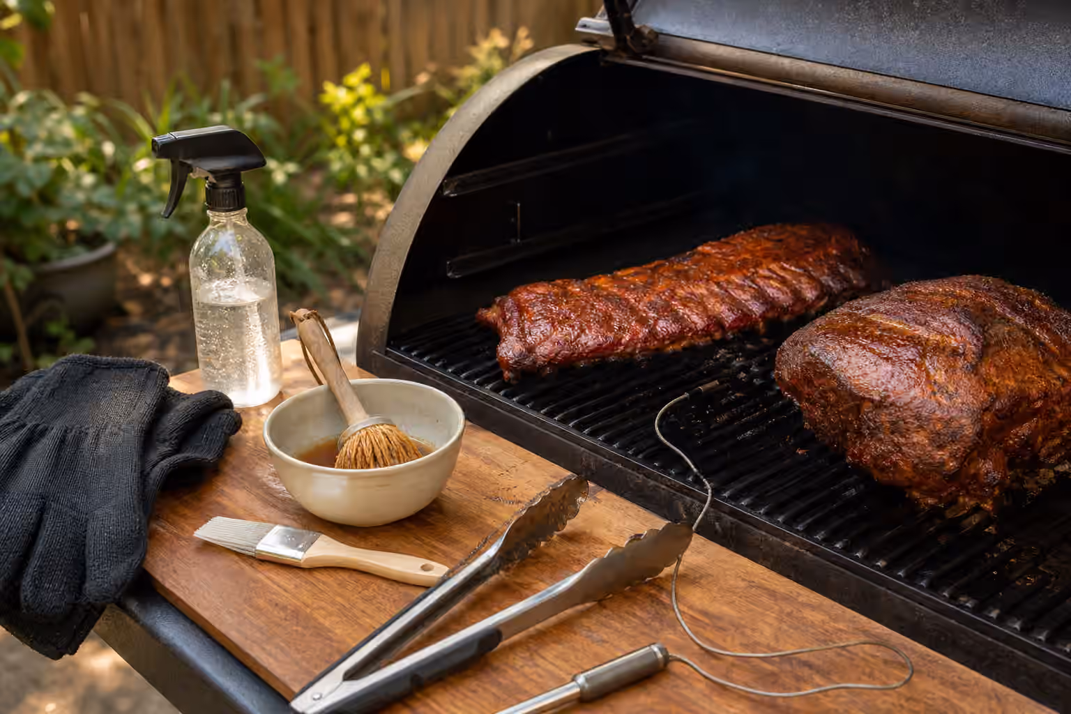 Ribs and pork shoulder on a smoker beside a sauce mop, an unlabeled spray bottle, tongs, gloves, and a probe thermometer.