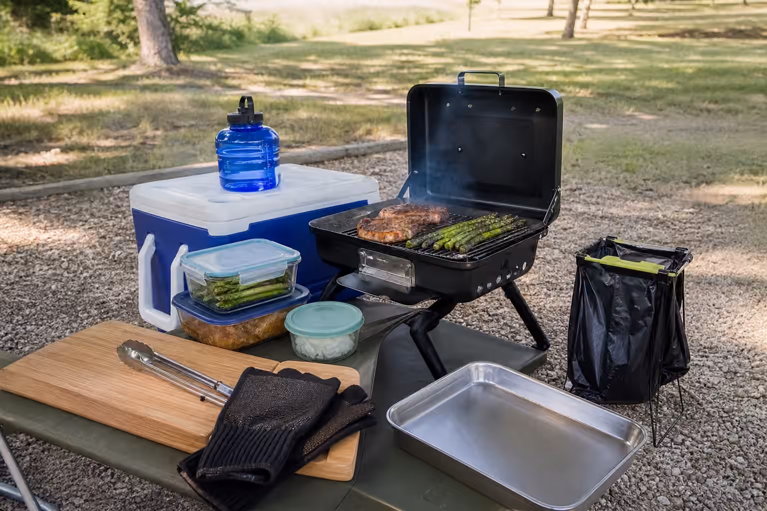 A compact portable grill on gravel with a cooler, water jug, lidded containers, cutting board, tongs, gloves, trash holder, and clean tray.