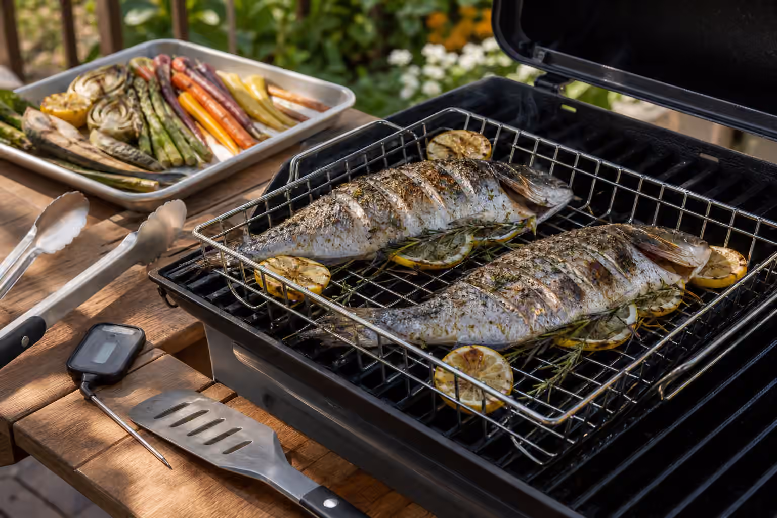 Whole fish with herbs and lemon in a grill basket beside tongs, a fish spatula, a thermometer, and vegetables on a backyard grill.