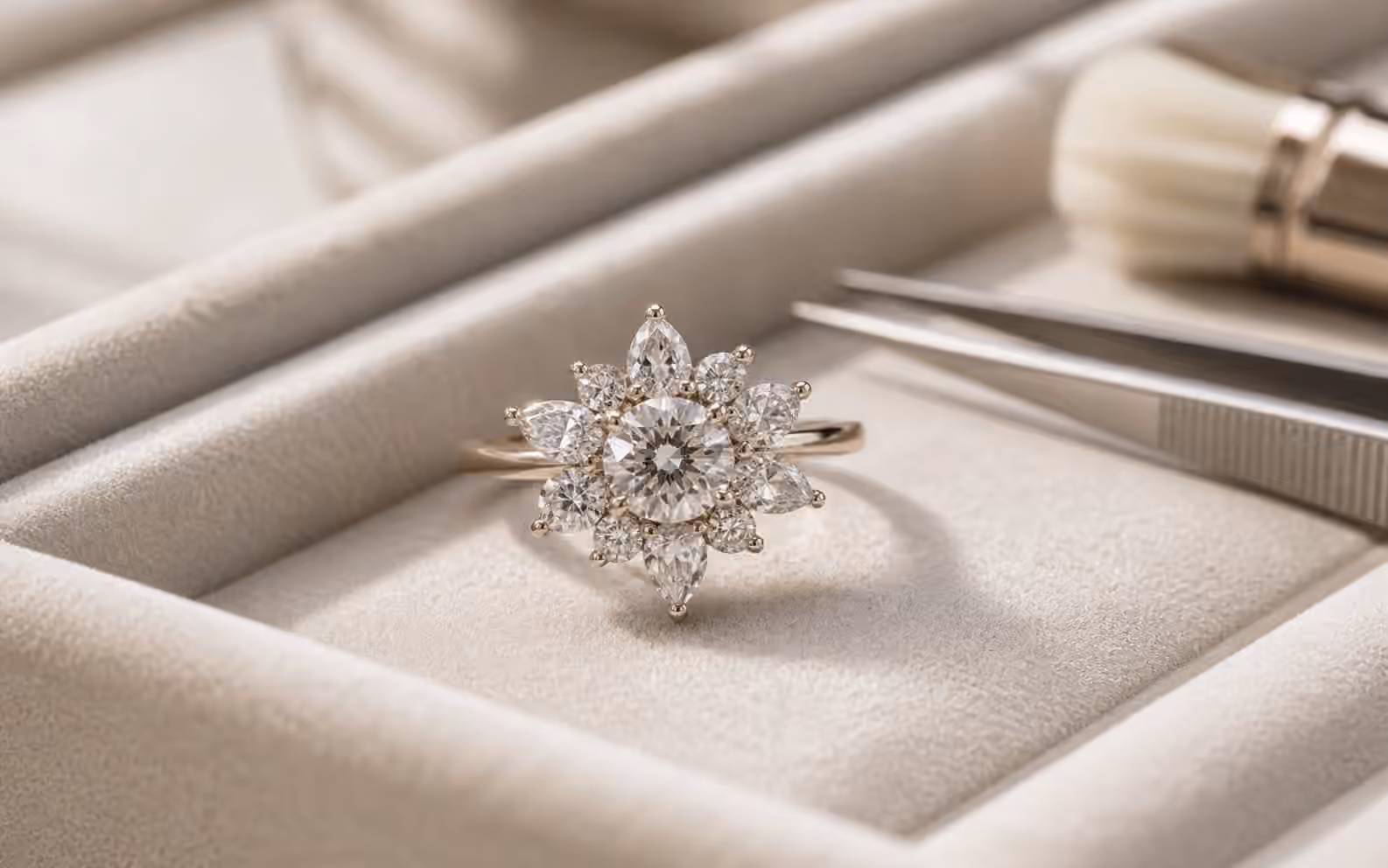 Cluster engagement ring with round, pear, and marquise diamonds on a pale velvet jeweler's tray.