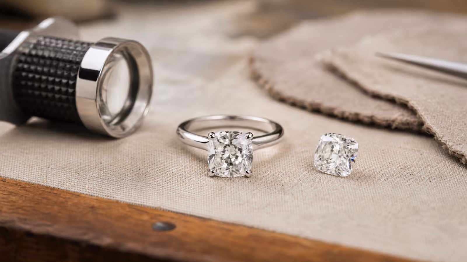 Cushion-cut diamond engagement ring beside a loose cushion diamond and jeweler's loupe.