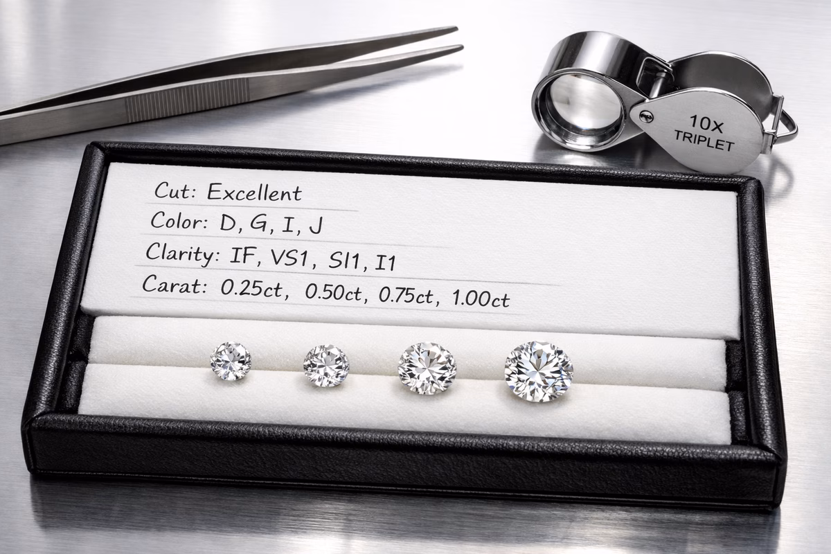 A jeweler’s comparison tray with multiple loose diamonds, grading notes, tweezers, and a loupe laid out for balancing cut color clarity and carat tradeoffs, bright studio lighting, realistic photography