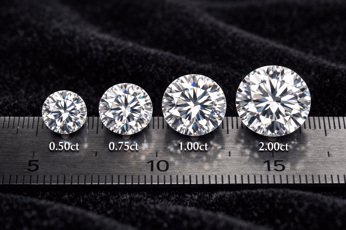 Diamond carat size comparison: five round brilliant diamonds of increasing size from 0.5ct to 2.0ct arranged in a row on a ruler, with carat labels, professional macro jewelry photography on black velvet