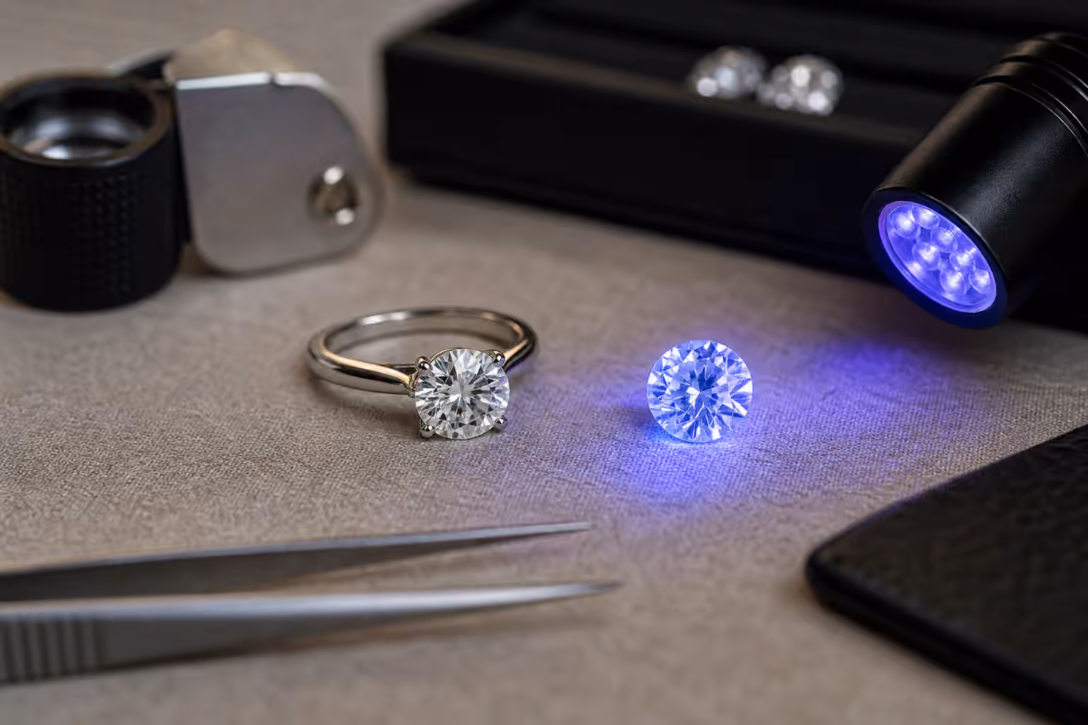 Diamond and engagement ring shown beside a UV inspection light with a subtle blue glow.