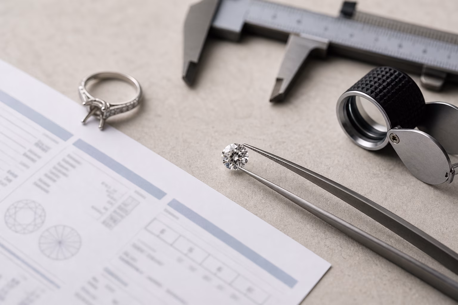 Diamond grading report with a loupe, calipers, and loose diamond
