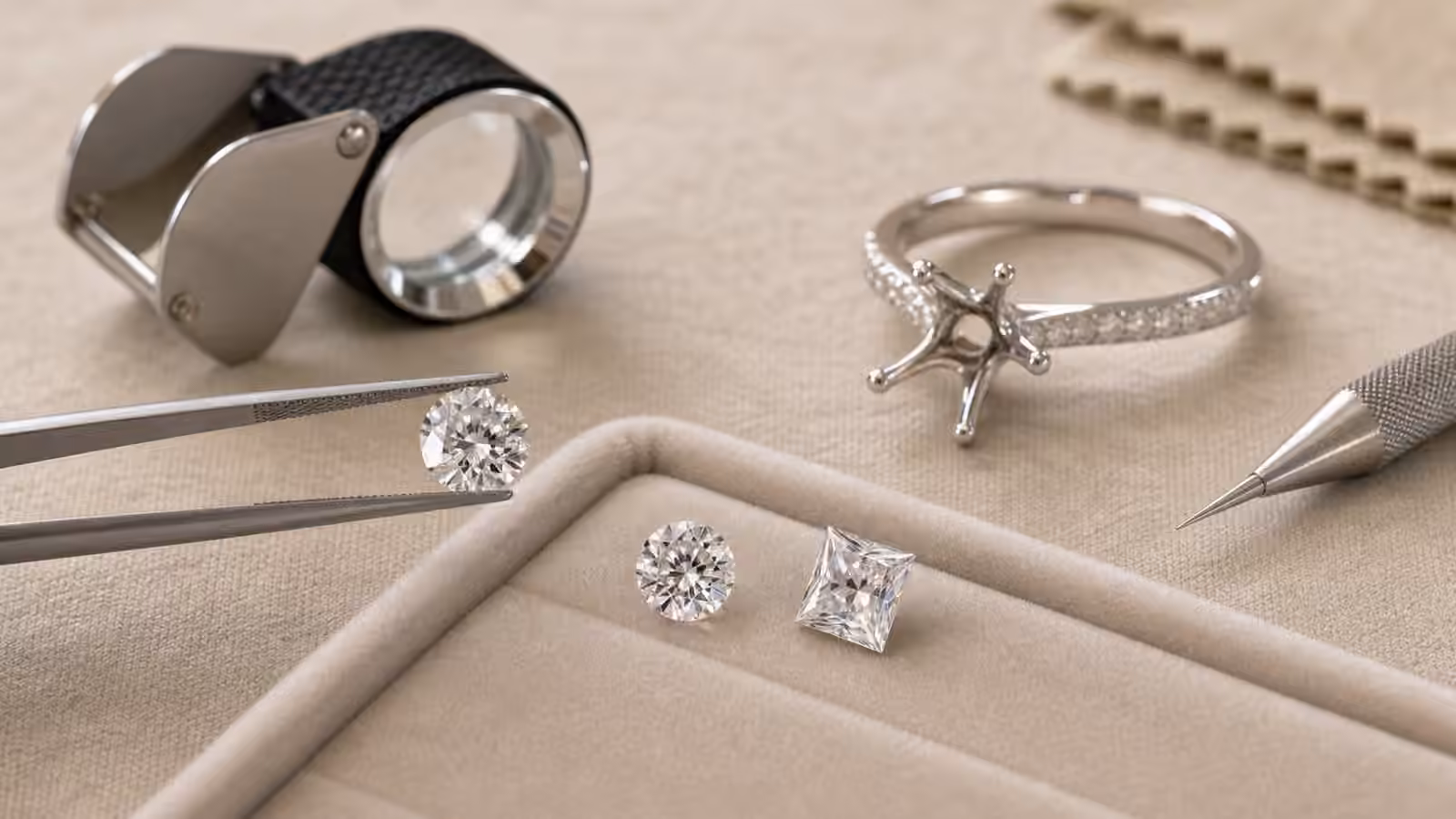 Loose diamonds, a loupe, tweezers, and an unset engagement ring mount on a jeweler's tray.
