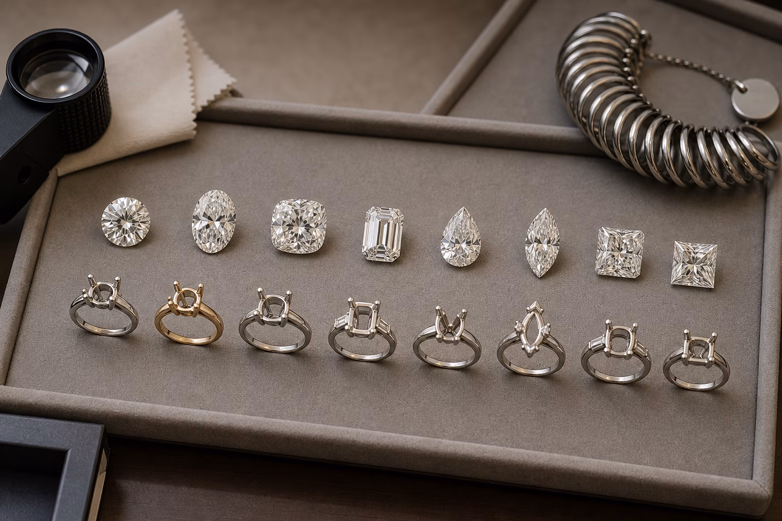 Diamond shapes arranged on a jeweler's comparison tray.