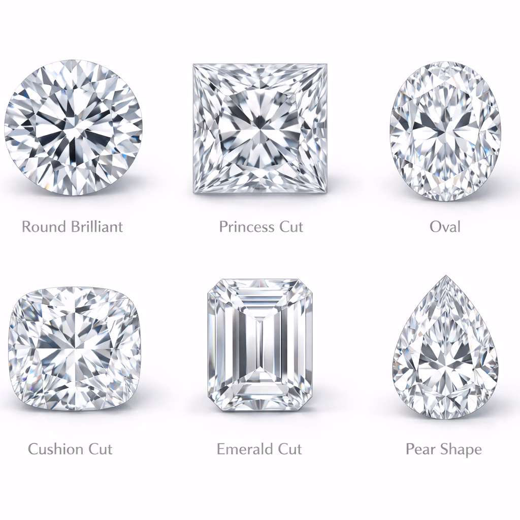Six different diamond shapes arranged in a grid: round brilliant, princess cut, oval, cushion cut, emerald cut, and pear shape, each on a white background with subtle labels, professional jewelry photography