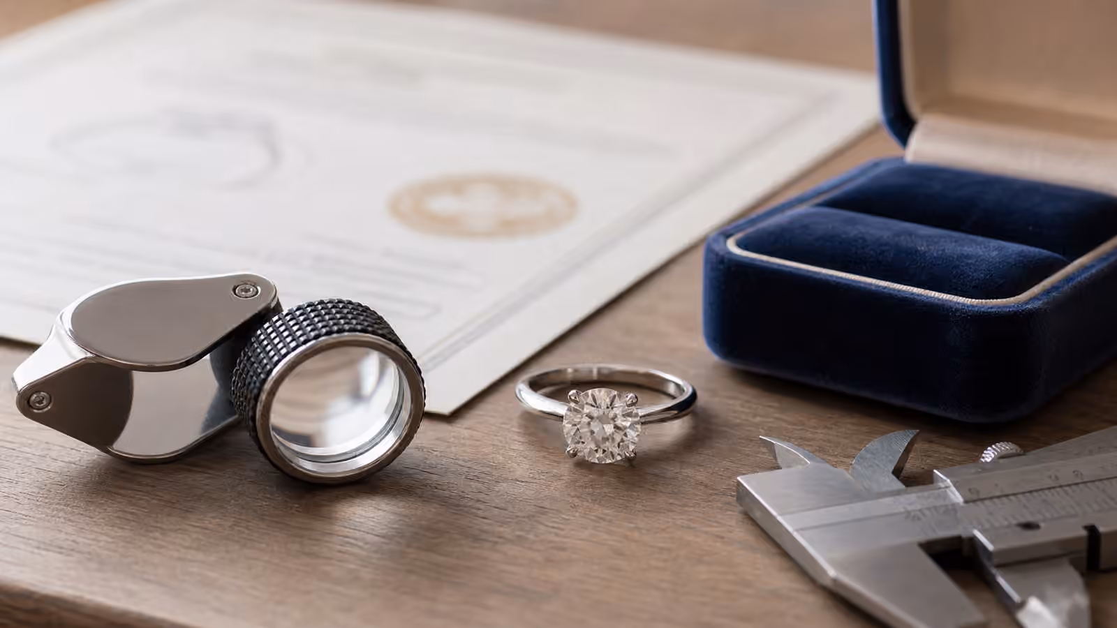 Engagement ring beside a loupe, calipers, and blurred appraisal paperwork.