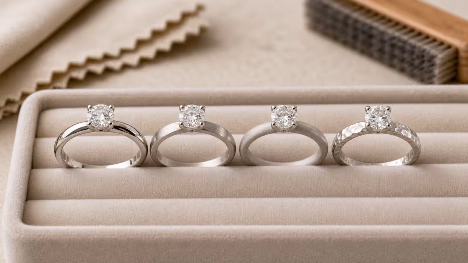 Engagement rings with polished, brushed, matte, and hammered metal finishes on a velvet tray.