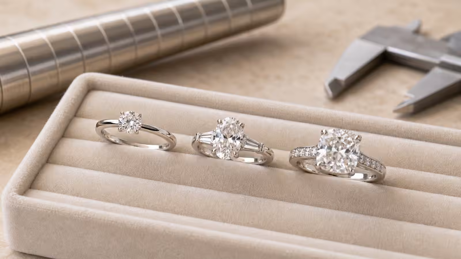 Three engagement rings with different center stone sizes and band proportions on a velvet tray.