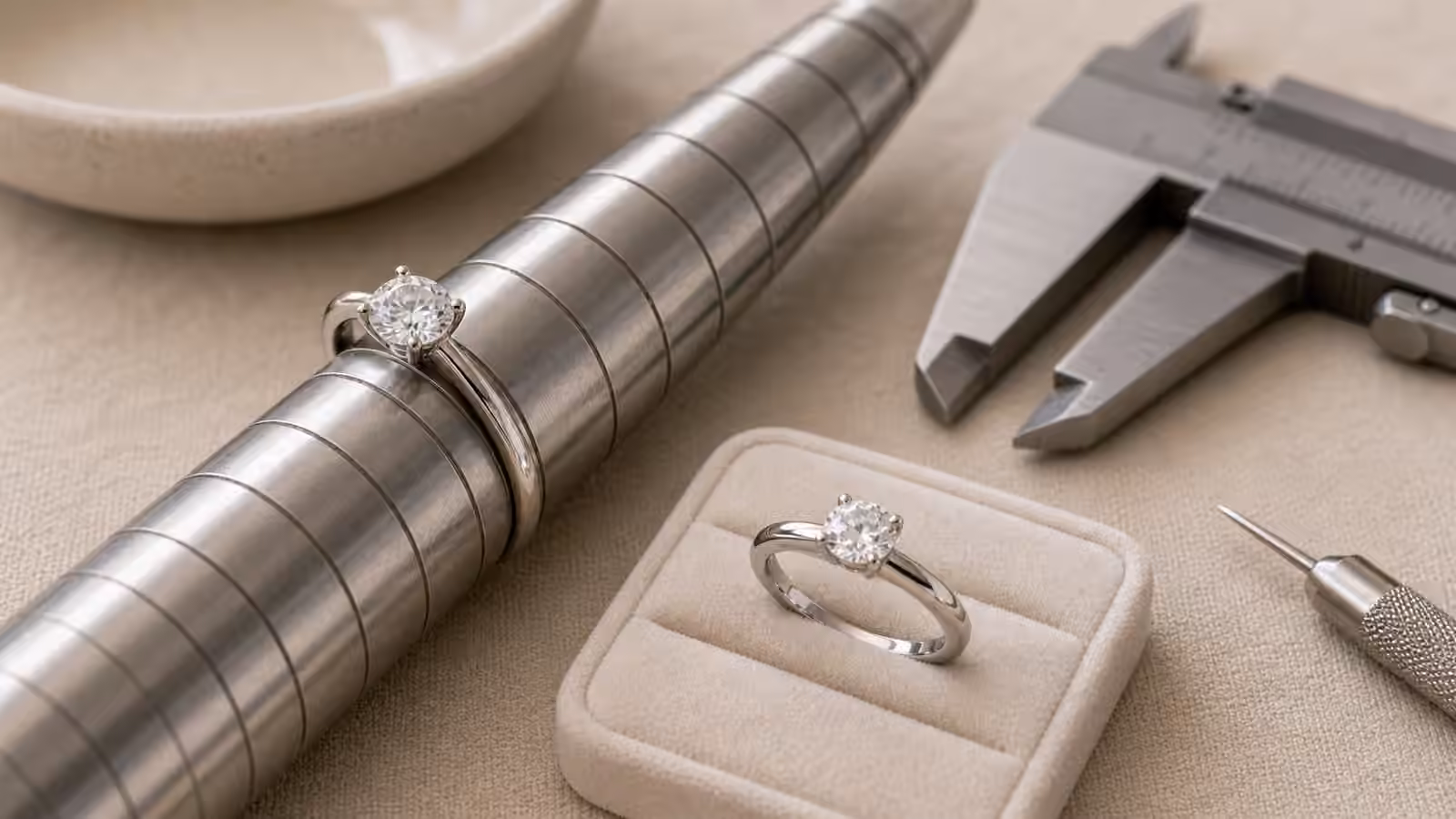 Engagement ring on a steel mandrel beside calipers and jeweler tools.