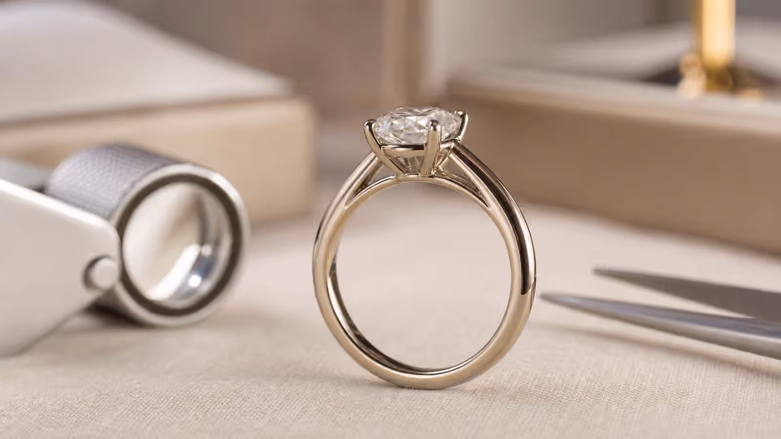 Engagement ring side profile showing the basket and gallery rail beneath the center diamond.