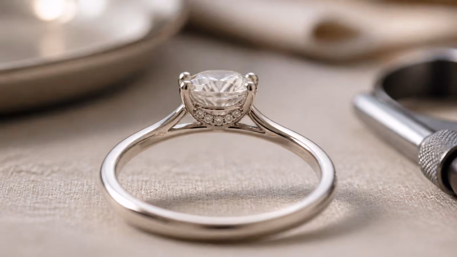 Side view of an engagement ring with a hidden halo beneath the center diamond.