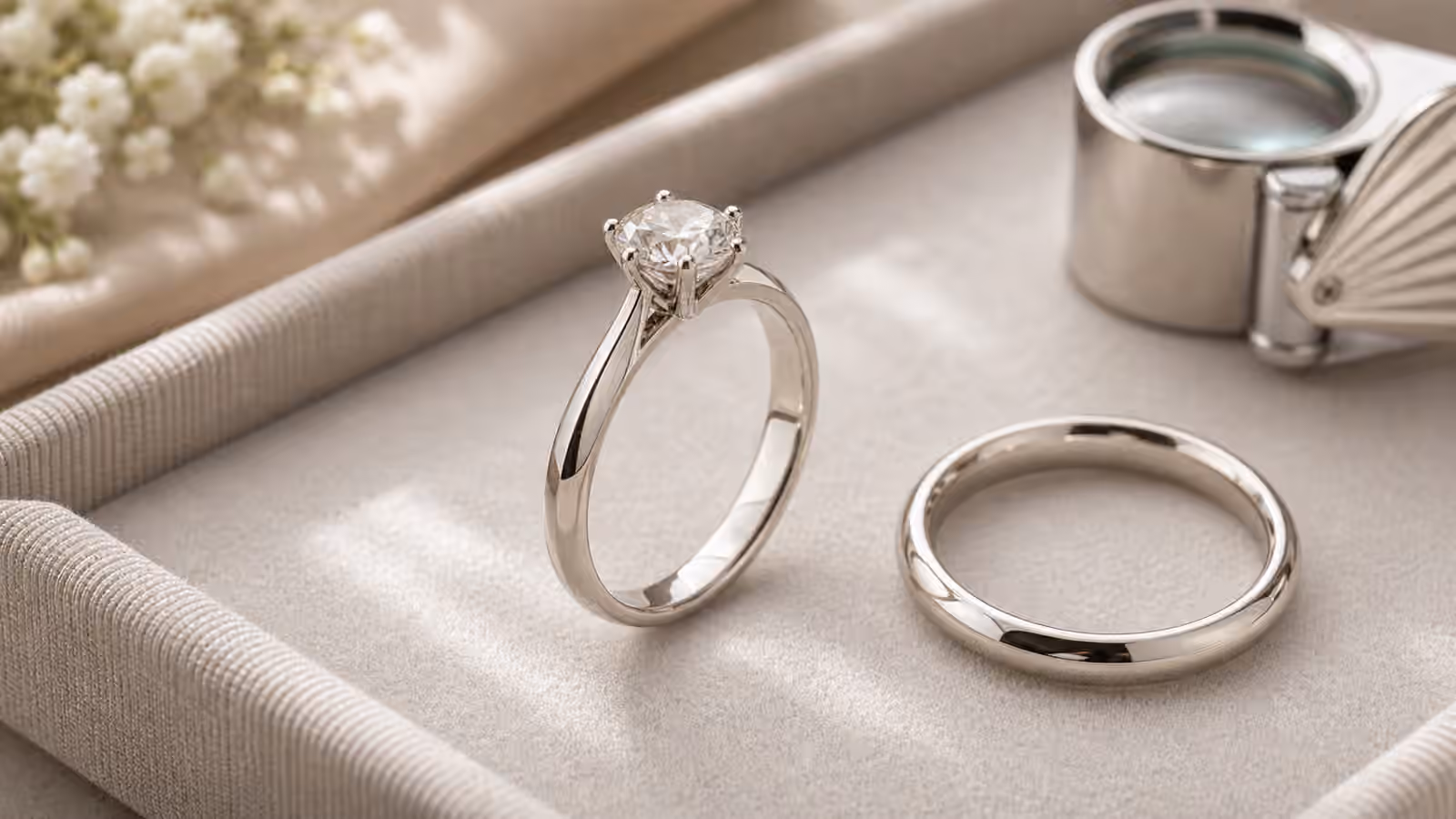 Solitaire engagement ring with a subtle knife-edge shank beside a plain rounded band.