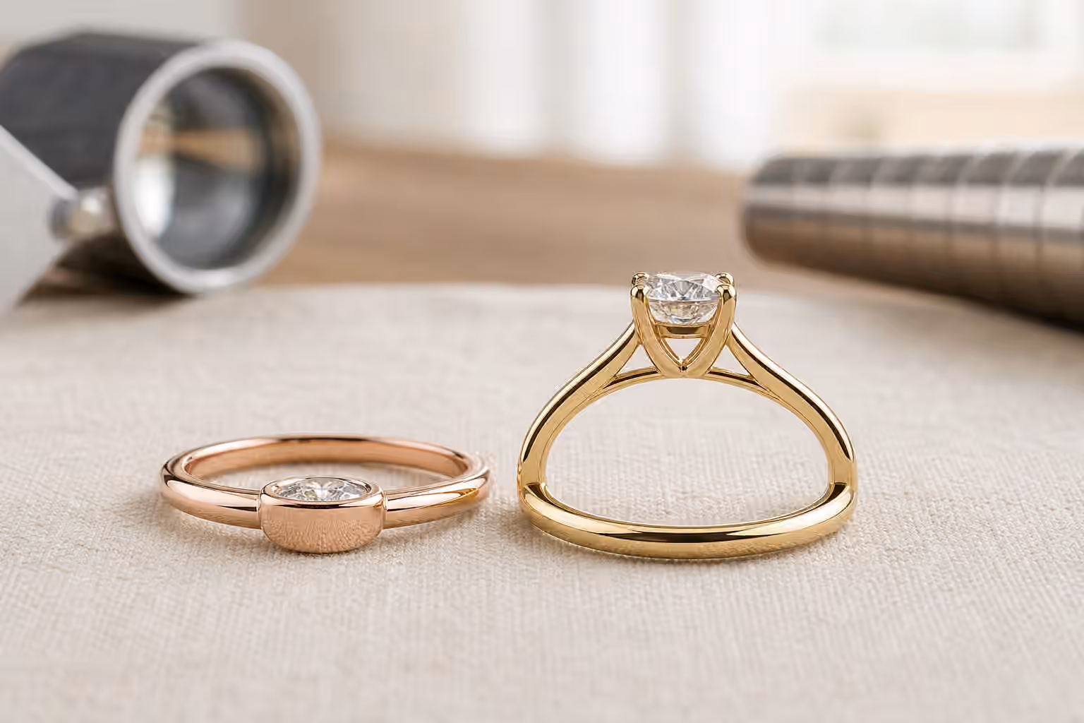 Low-profile engagement ring beside a taller cathedral setting on a jeweler's bench.