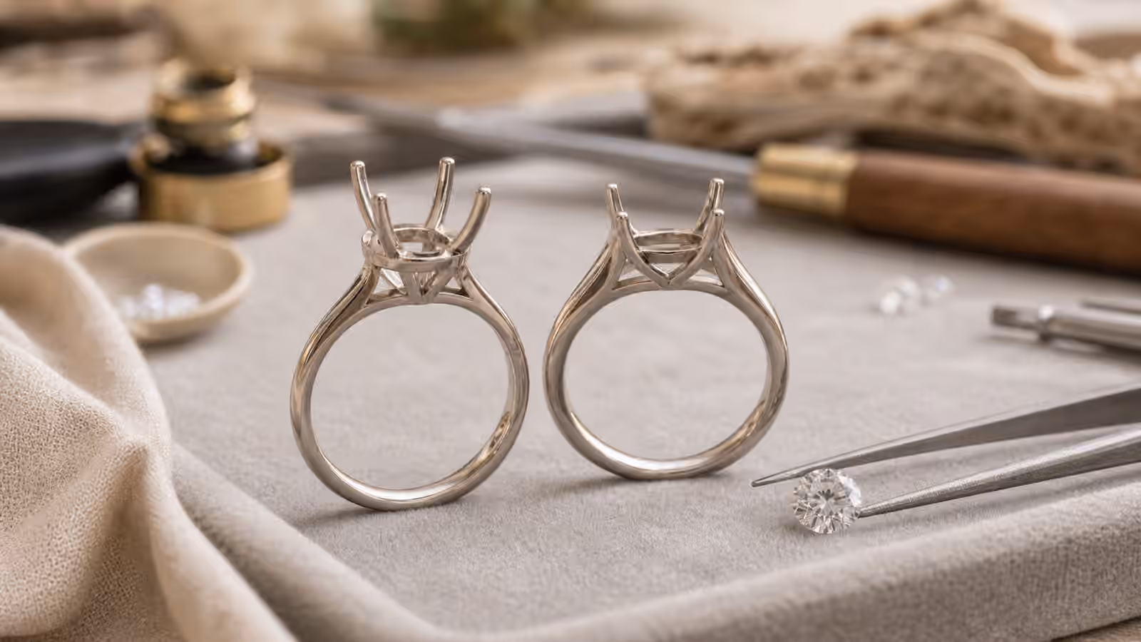 Two unset ring mounts showing raised peg-style and integrated basket heads beside a loose round diamond.