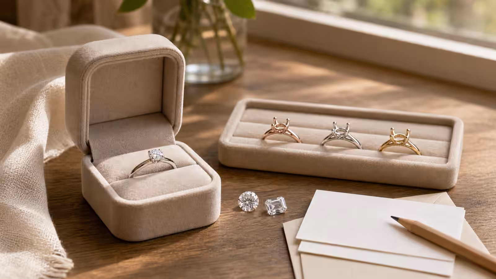 A simple temporary ring in a velvet box beside loose stones and blank appointment cards.