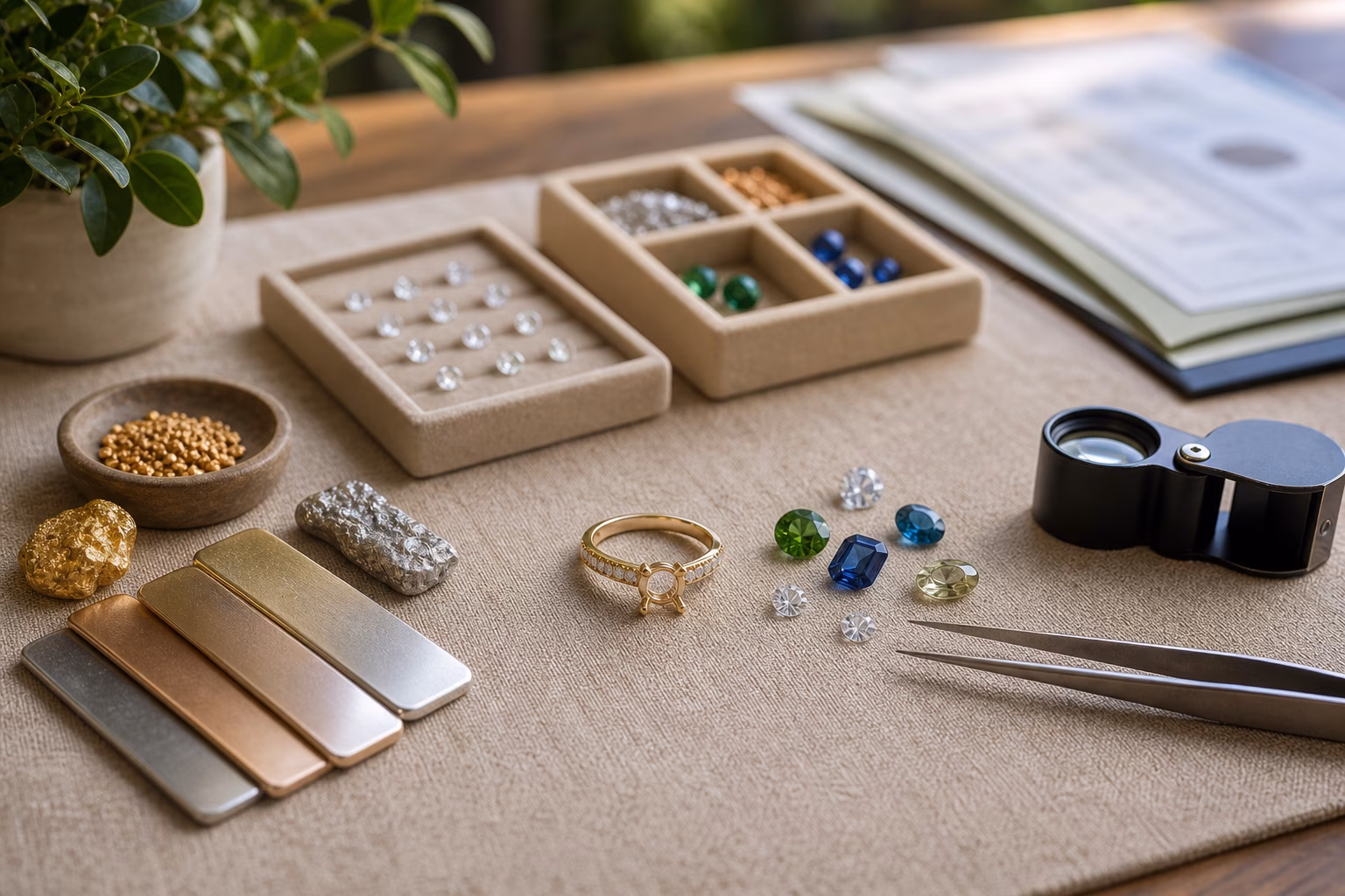 Engagement ring with gemstones, recycled metal swatches, and blurred sourcing paperwork.