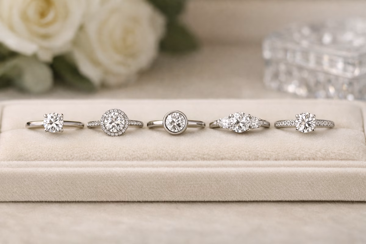 A curated gallery of engagement ring settings including solitaire, halo, bezel, pavé, and three-stone designs arranged for side-by-side comparison, realistic macro jewelry photography