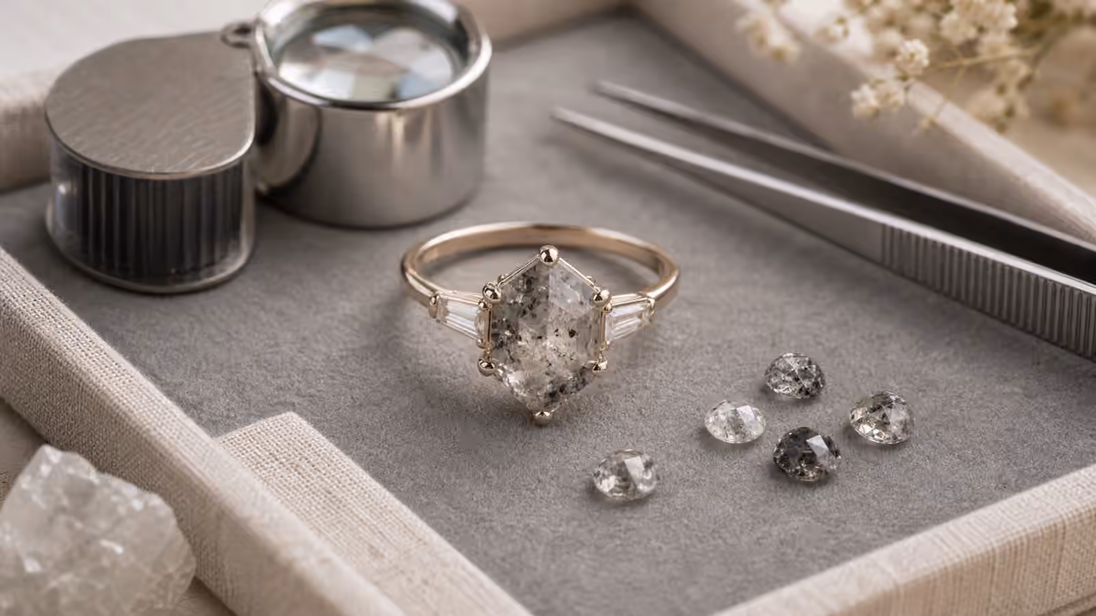 Salt-and-pepper diamond engagement ring with loose gray included diamonds on a jeweler's tray.