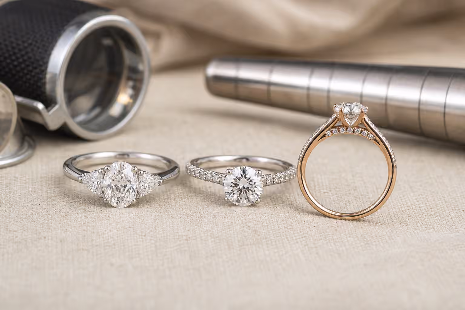 Engagement rings with side stones, pave shoulders, and hidden accent diamonds on a jeweler's bench.