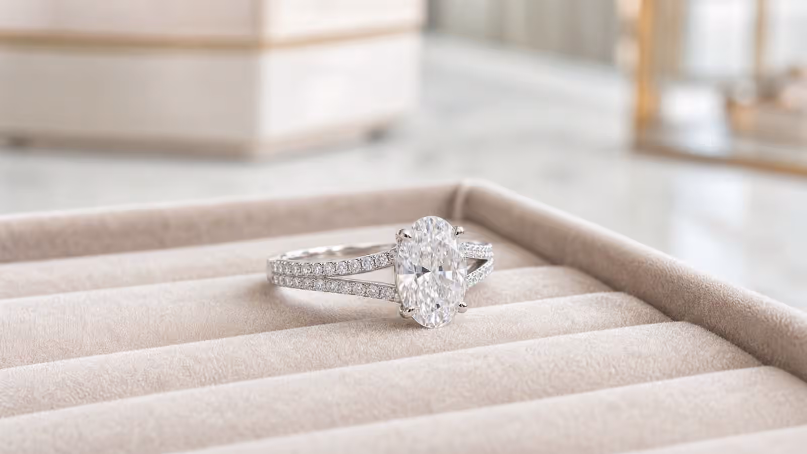 Split-shank engagement ring with an oval center diamond on a velvet jewelry tray.