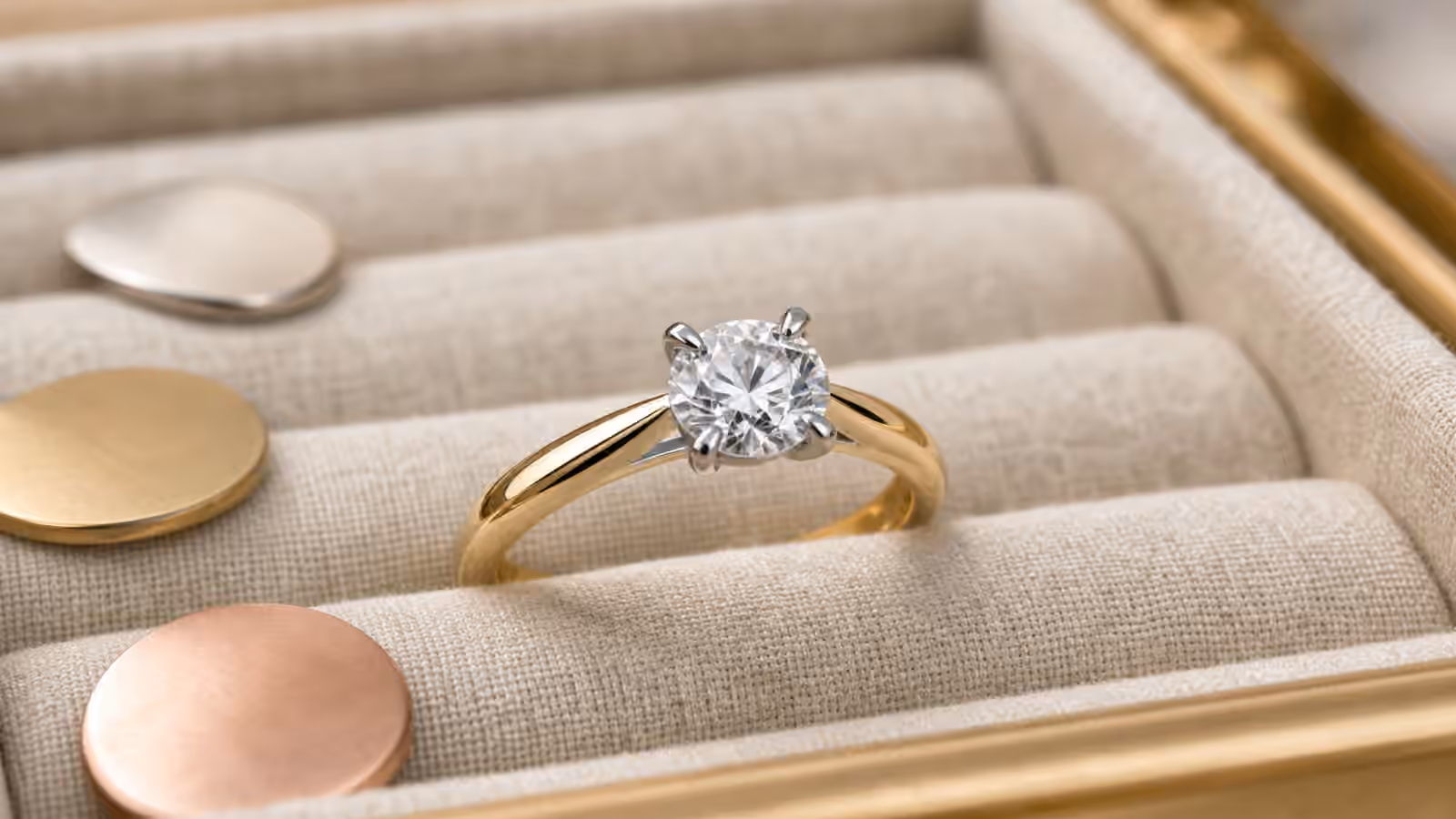 Two-tone engagement ring with a yellow gold shank and white metal prongs on a linen tray.