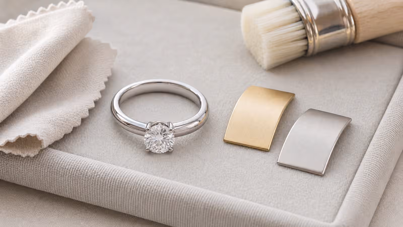 White gold engagement ring beside a polishing cloth, soft brush, and warm and cool metal swatches.