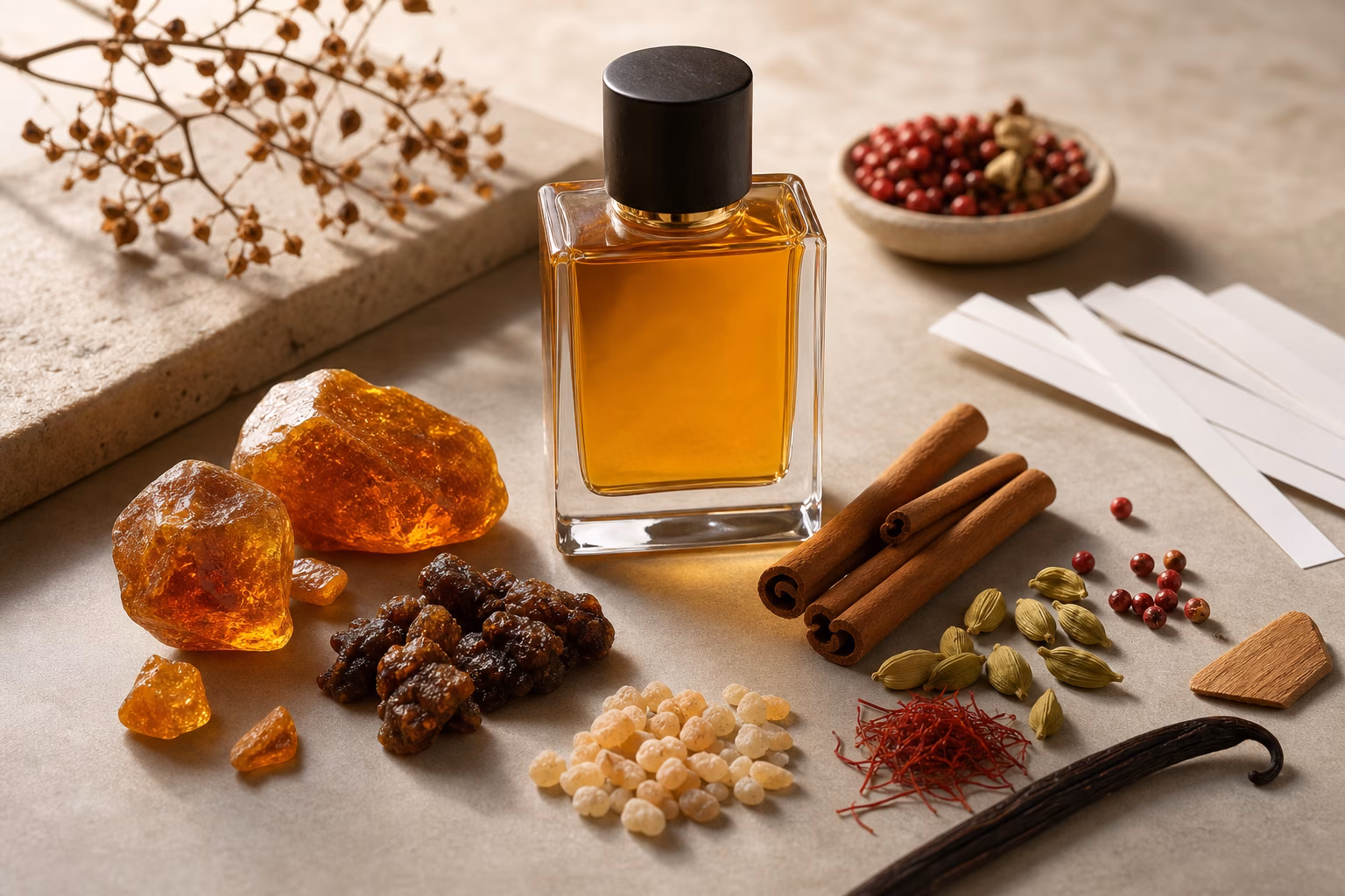 An unbranded amber perfume bottle with resin pieces, cinnamon, cardamom, saffron, vanilla, cedar, pink pepper, and blotter strips.