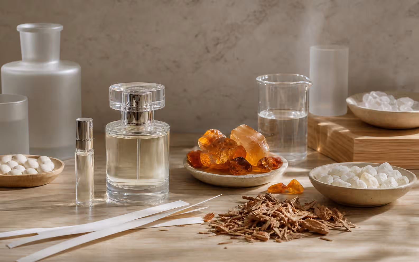 An unbranded perfume bottle with cedar shavings, amber resin pieces, mineral chips, white ceramic beads, a glass beaker, blotters, and a sample vial.