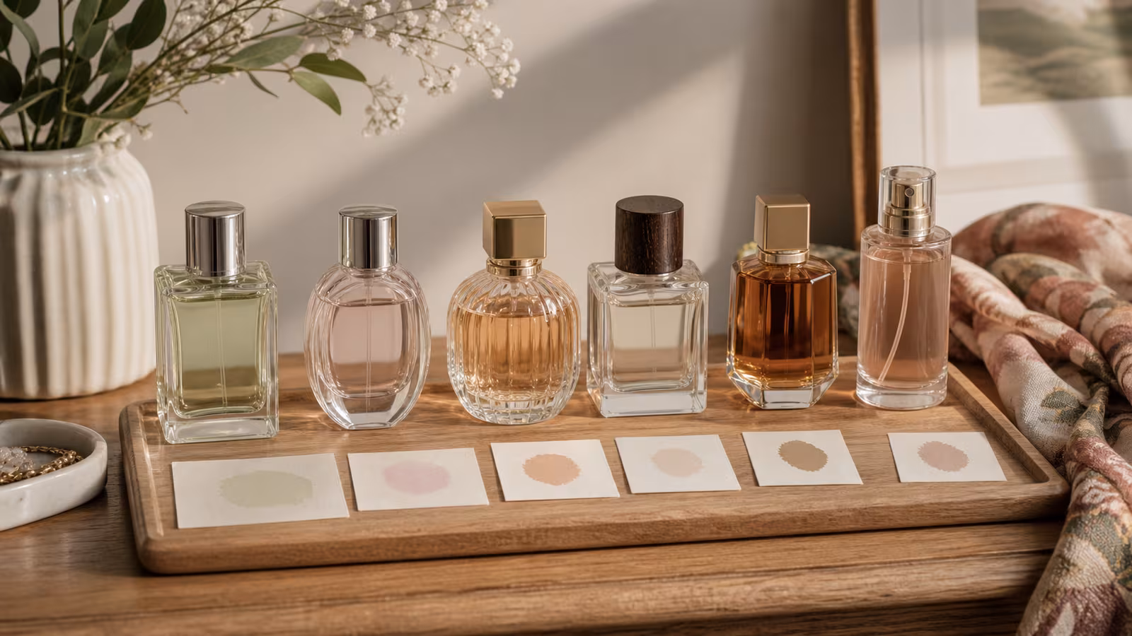 Six unbranded fragrance bottles arranged as a beginner wardrobe for fresh, floral, gourmand, woody, evening, and body mist scents.