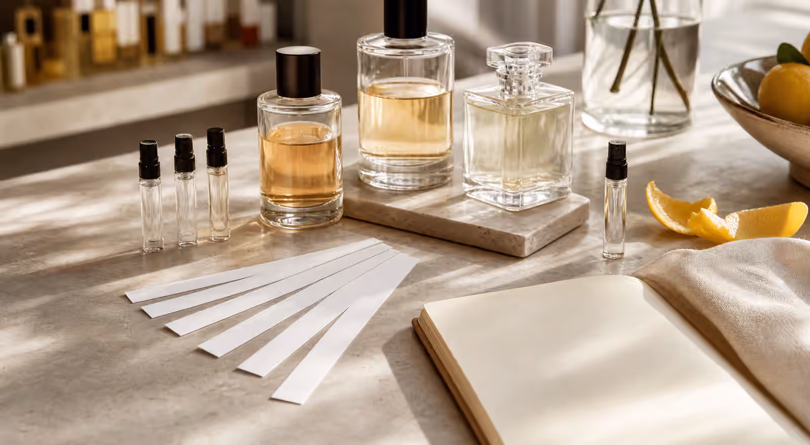 Unbranded perfume bottles, clean blotter strips, sample vials, citrus peel, pale fabric, and a blank notebook arranged on a fragrance counter.
