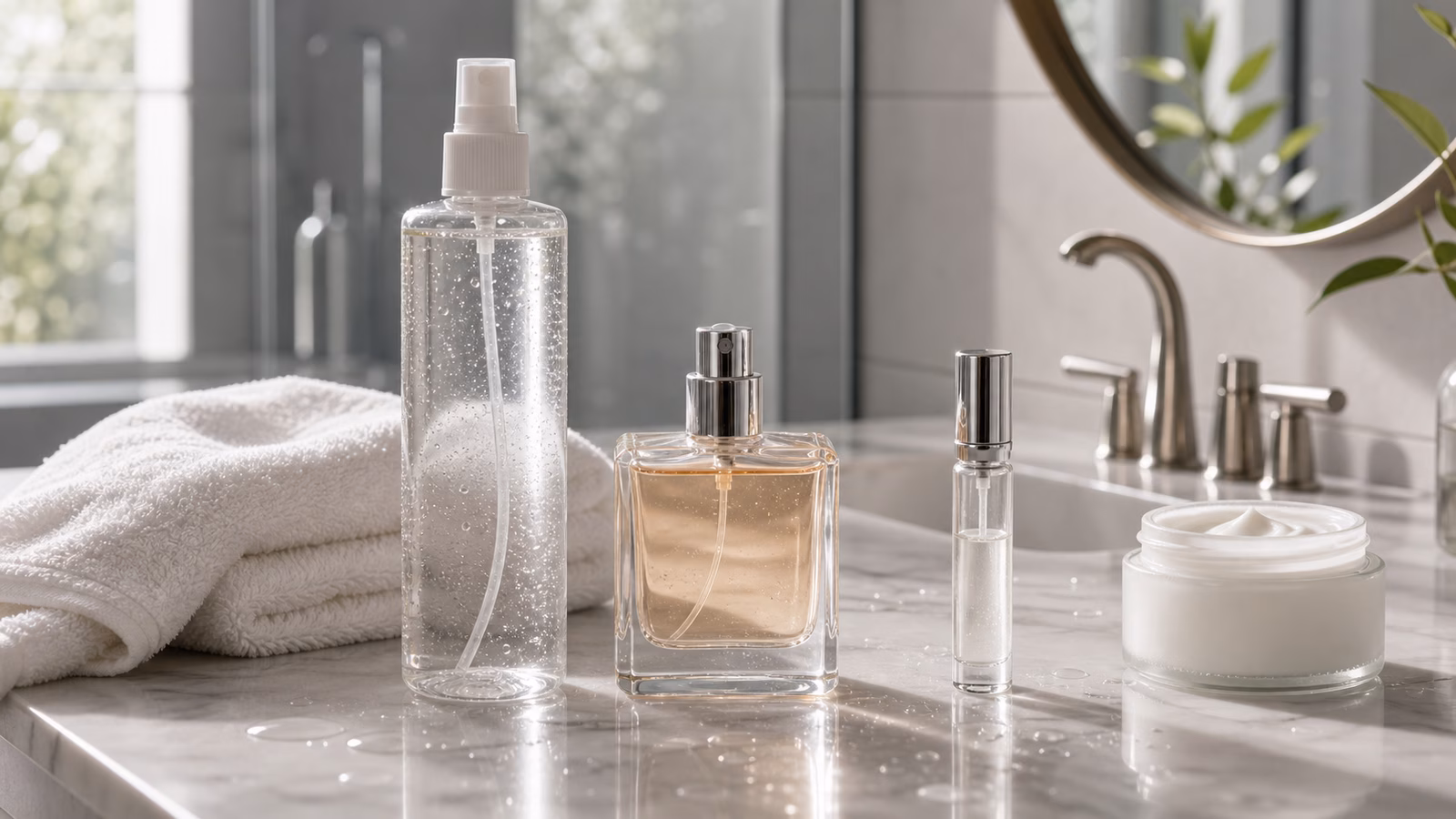 A body mist and perfume comparison with blank bottles, travel atomizer, towel, moisturizer, and water droplets