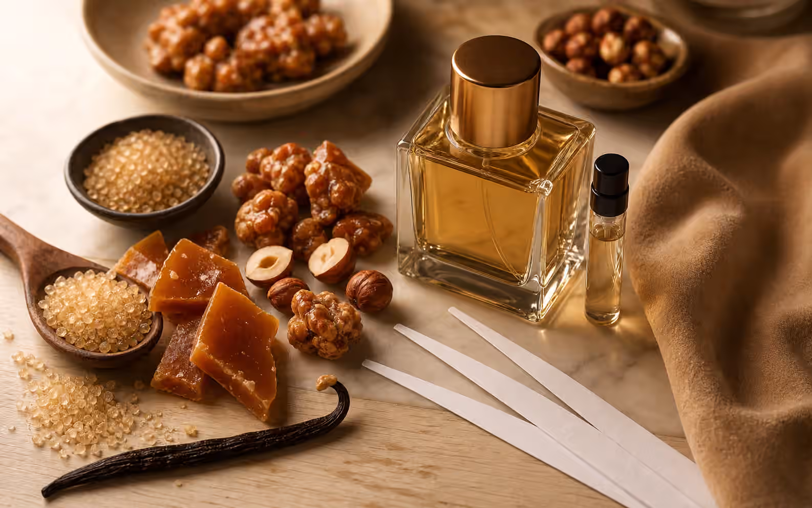 An unbranded perfume bottle with caramel shards, praline nuts, brown sugar crystals, hazelnuts, vanilla bean, blotters, and a sample vial.