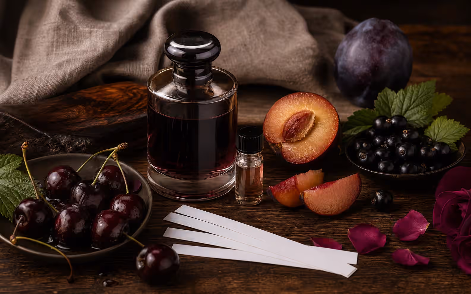 An unbranded perfume bottle with cherries, sliced plum, blackcurrants, rose petals, patchouli leaves, dark wood, blotters, and a sample vial.
