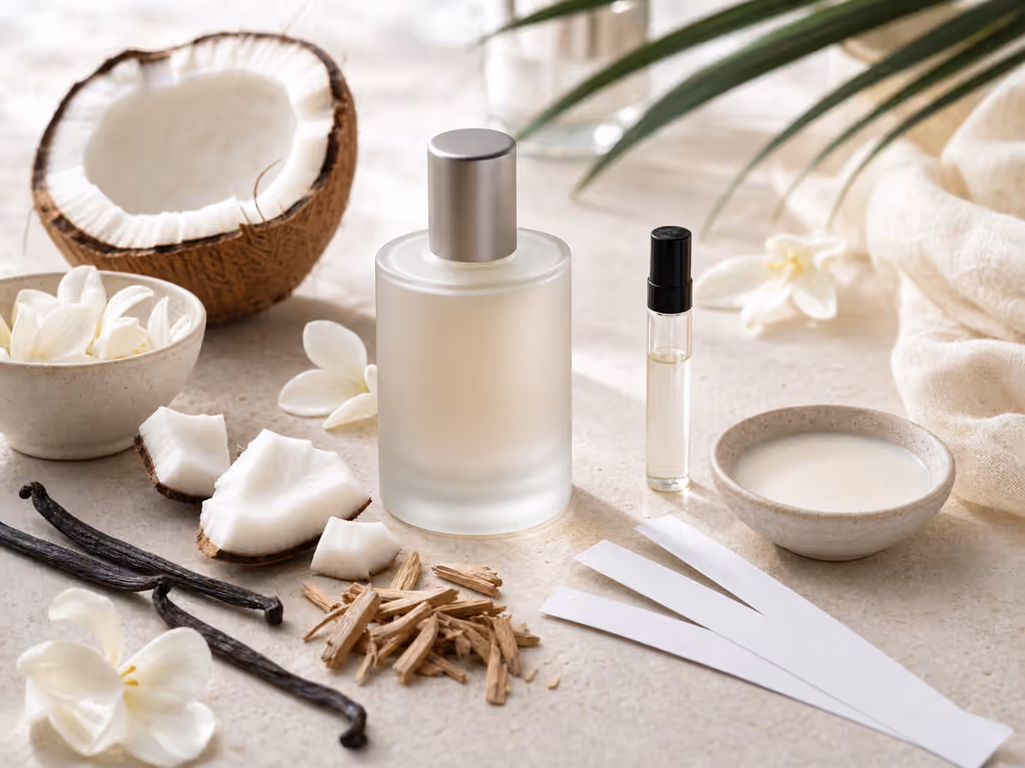 An unbranded frosted perfume bottle with coconut shell, coconut flesh, creamy liquid, white petals, vanilla bean, sandalwood chips, blotters, and a sample vial.