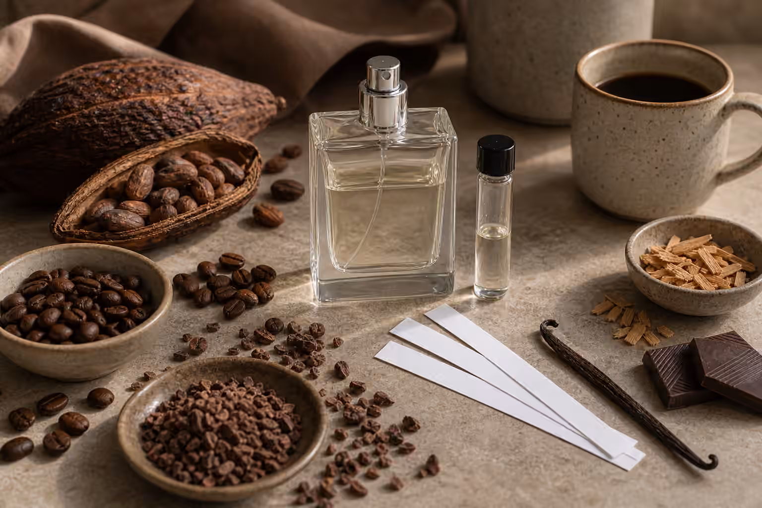 An unbranded perfume bottle with roasted coffee beans, cacao nibs, dark chocolate pieces, vanilla bean, pale wood chips, ceramic cup, a sample vial, and blotter strips.