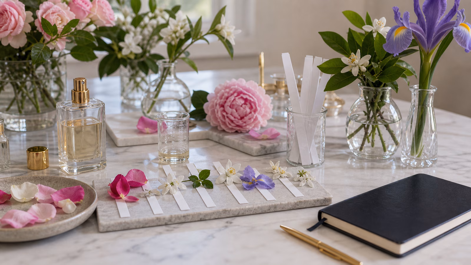 A floral scent sampling table with perfume bottle, blotter strips, rose, jasmine, orange blossom, iris petals, peony, and green stems